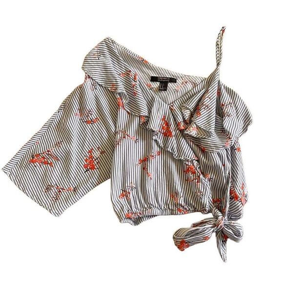 Forever 21 asymmetrical ruffle blouse top S striped floral blue and white - Picture 1 of 4